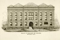 An old sketch of the college of physicians and surgeons building. It is a huge building with three floors.
