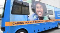 The outside of the bus for Columbia's Mobile Clinic for Community Dental Care